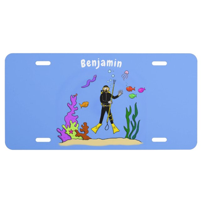 Funny scuba diver and fish sea creatures cartoon  license plate (Front)