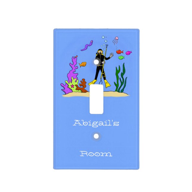 Funny scuba diver and fish sea creatures cartoon light switch cover (Front)