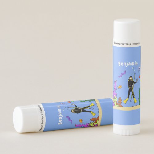 Funny scuba diver and fish sea creatures cartoon lip balm