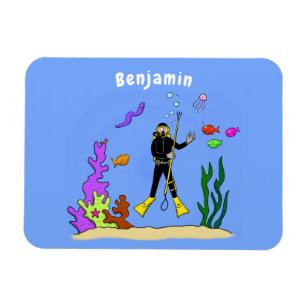 Funny scuba diver and fish sea creatures cartoon magnet