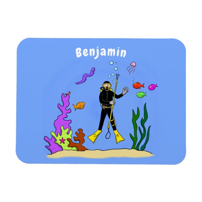 Funny scuba diver and fish sea creatures cartoon magnet (Horizontal)