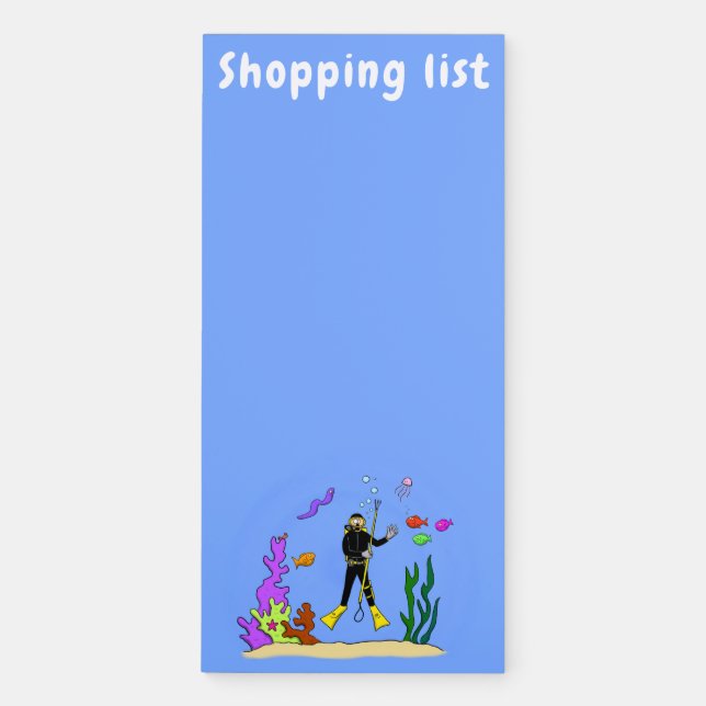 Funny scuba diver and fish sea creatures cartoon magnetic notepad (Front)