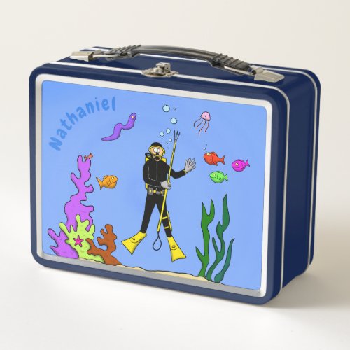 Funny scuba diver and fish sea creatures cartoon metal lunch box