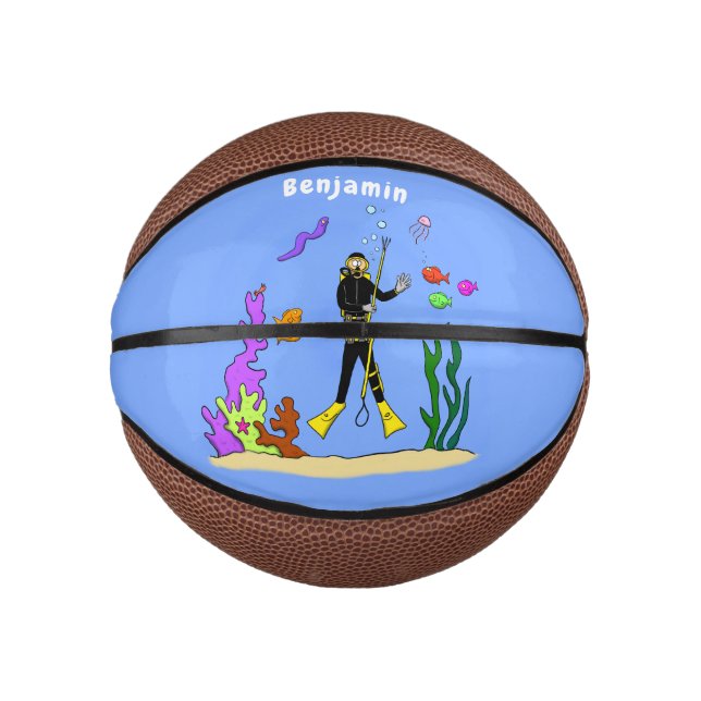 Funny scuba diver and fish sea creatures cartoon mini basketball (Front)