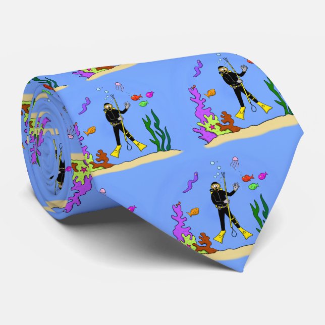 Funny scuba diver and fish sea creatures cartoon neck tie (Rolled)