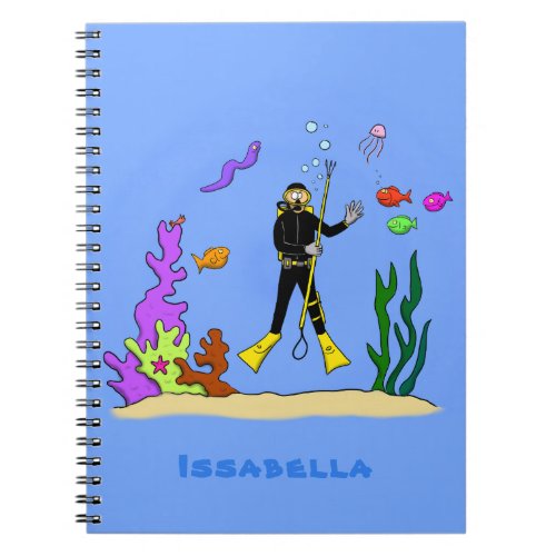 Funny scuba diver and fish sea creatures cartoon notebook