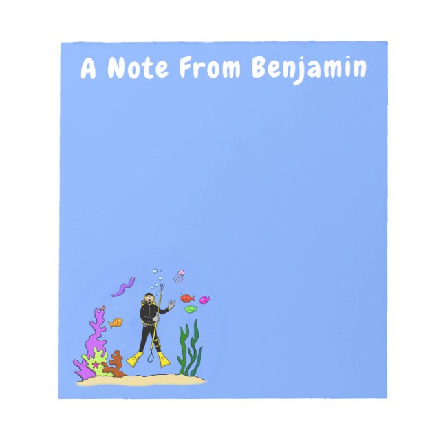 Funny scuba diver and fish sea creatures cartoon notepad (Front)