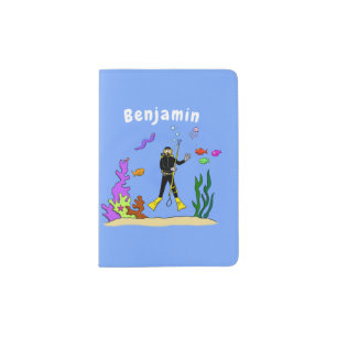 Funny scuba diver and fish sea creatures cartoon passport holder
