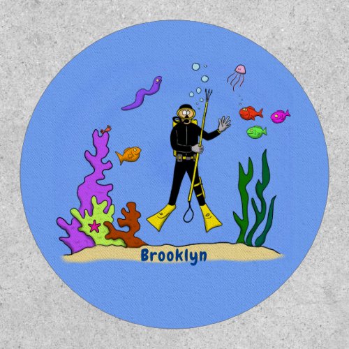 Funny scuba diver and fish sea creatures cartoon patch