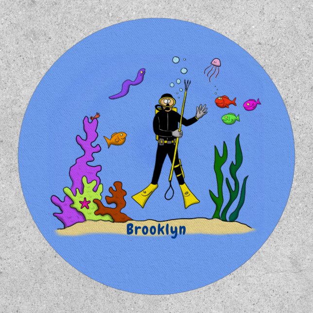 Funny scuba diver and fish sea creatures cartoon patch (Front)