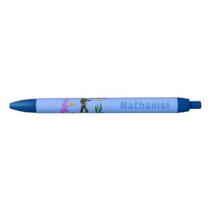 Funny scuba diver and fish sea creatures cartoon pen