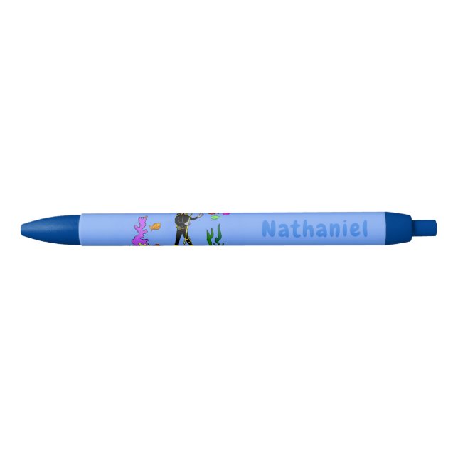 Funny scuba diver and fish sea creatures cartoon pen (Front)