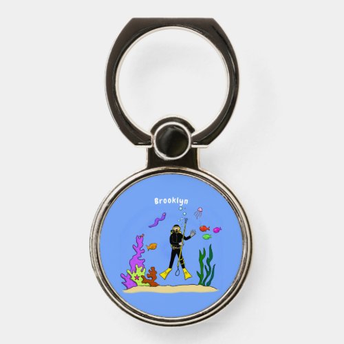 Funny scuba diver and fish sea creatures cartoon phone ring stand
