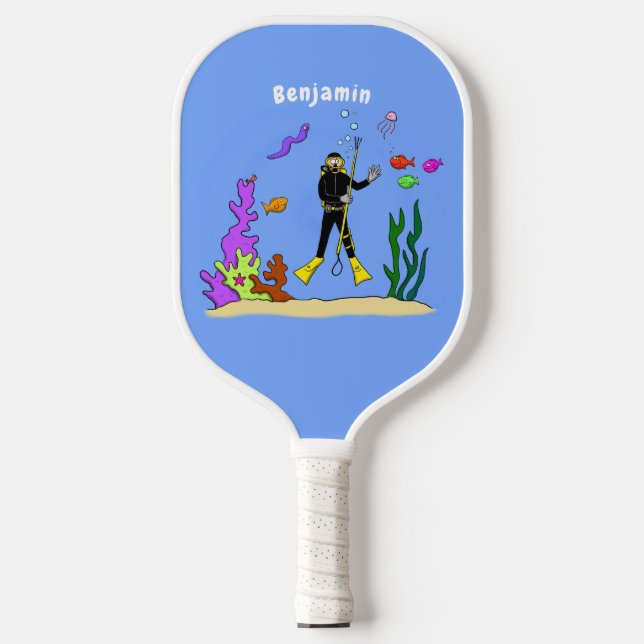 Funny scuba diver and fish sea creatures cartoon  pickleball paddle (Front)