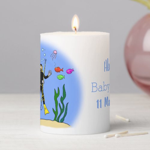 Funny scuba diver and fish sea creatures cartoon pillar candle