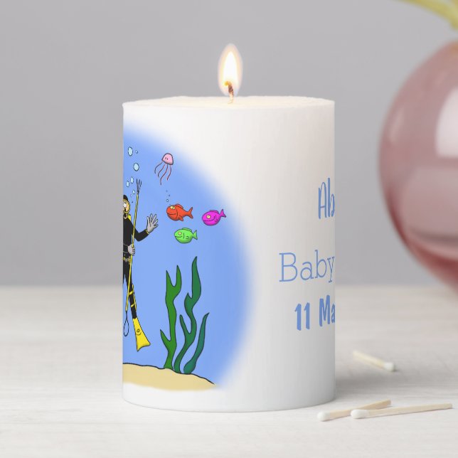 Funny scuba diver and fish sea creatures cartoon pillar candle (In Situ)