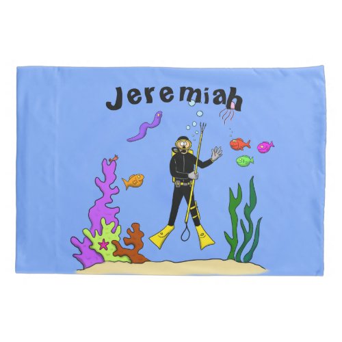 Funny scuba diver and fish sea creatures cartoon pillow case