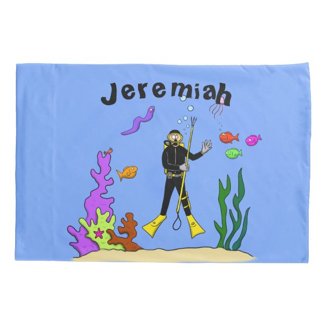 Funny scuba diver and fish sea creatures cartoon pillow case (Back)