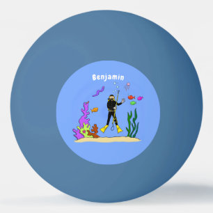 Funny scuba diver and fish sea creatures cartoon ping pong ball