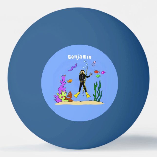 Funny scuba diver and fish sea creatures cartoon ping pong ball (Front)