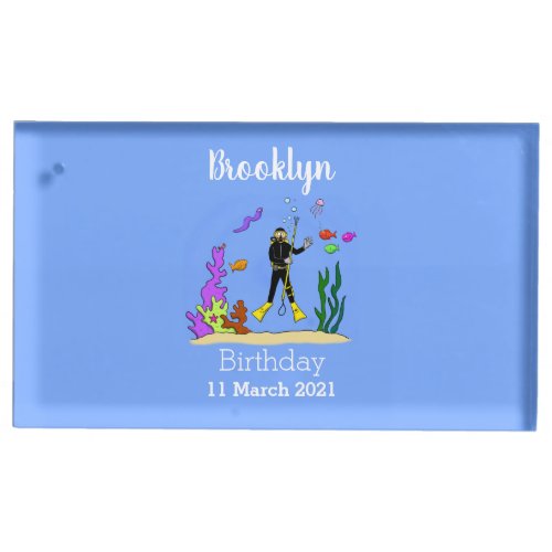 Funny scuba diver and fish sea creatures cartoon place card holder