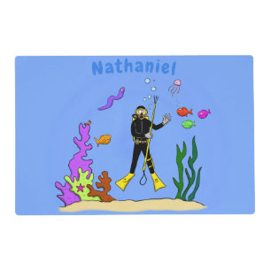 Funny scuba diver and fish sea creatures cartoon placemat
