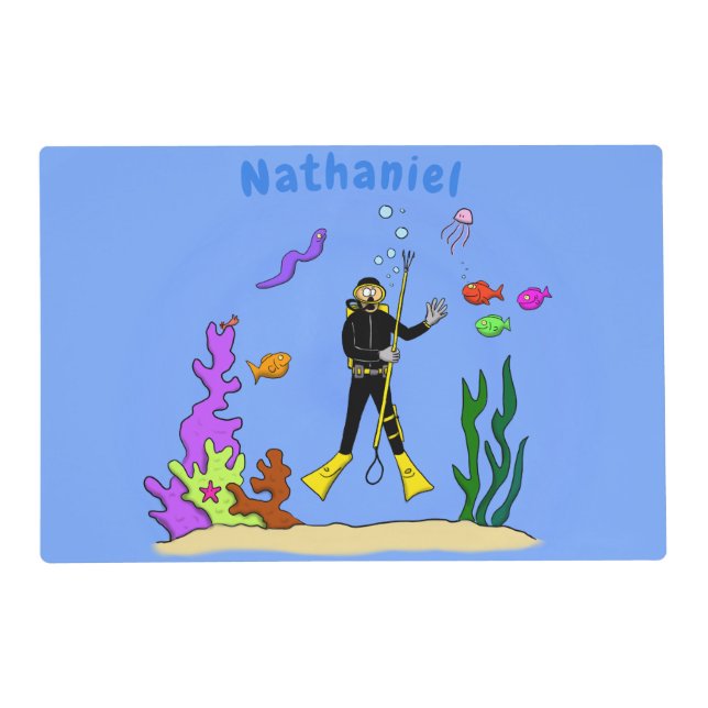 Funny scuba diver and fish sea creatures cartoon placemat (Front)