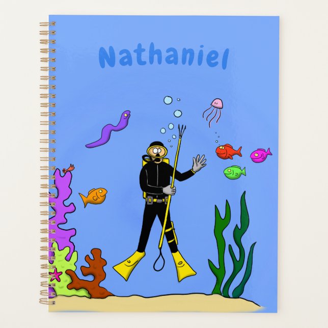 Funny scuba diver and fish sea creatures cartoon planner (Front)