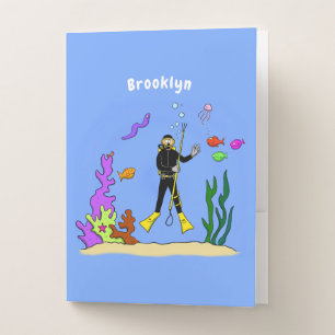 Funny scuba diver and fish sea creatures cartoon pocket folder
