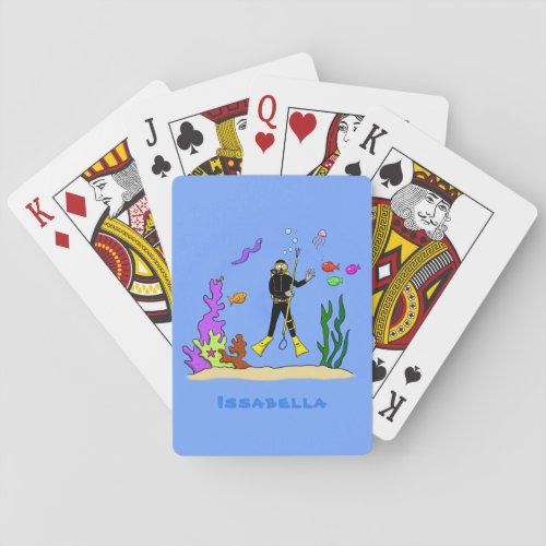 Funny scuba diver and fish sea creatures cartoon poker cards