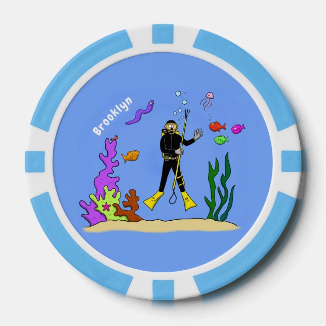 Funny scuba diver and fish sea creatures cartoon poker chips (Front)