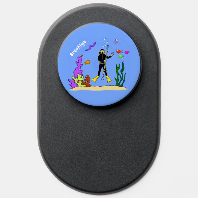 Funny scuba diver and fish sea creatures cartoon PopSocket (Popsocket)