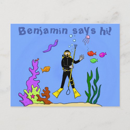 Funny scuba diver and fish sea creatures cartoon postcard