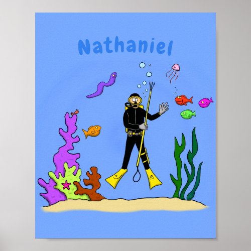 Funny scuba diver and fish sea creatures cartoon poster