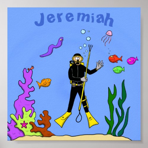 Funny scuba diver and fish sea creatures cartoon poster