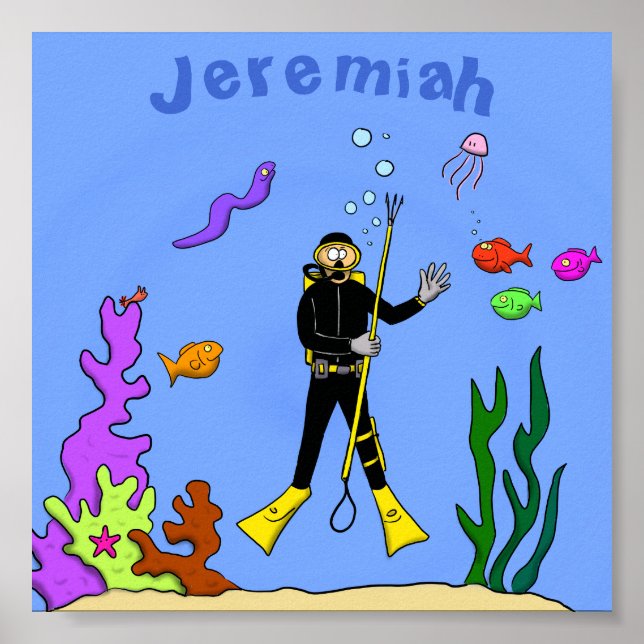 Funny scuba diver and fish sea creatures cartoon poster (Front)