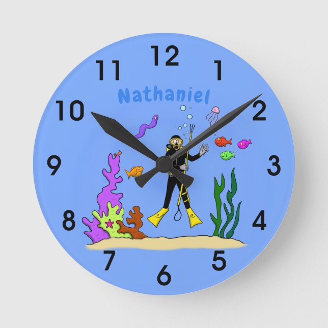 Funny scuba diver and fish sea creatures cartoon round clock (Front)