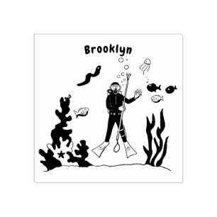 Funny scuba diver and fish sea creatures cartoon rubber stamp