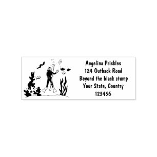 Funny scuba diver and fish sea creatures cartoon rubber stamp