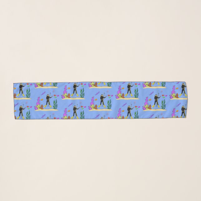 Funny scuba diver and fish sea creatures cartoon scarf (Front (Horizontal))