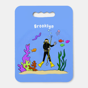 Funny scuba diver and fish sea creatures cartoon seat cushion