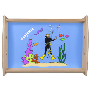 Funny scuba diver and fish sea creatures cartoon serving tray