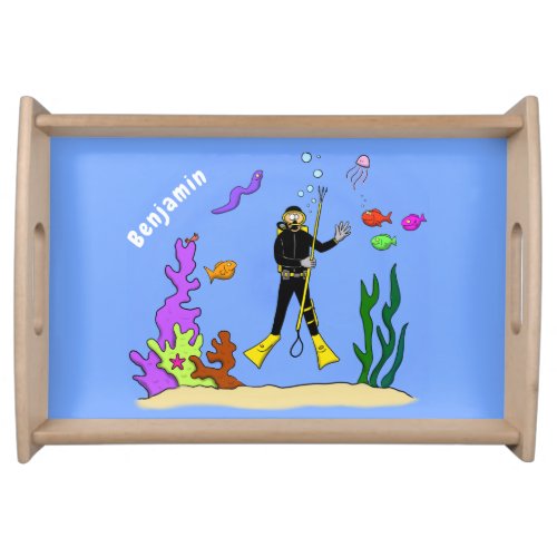 Funny scuba diver and fish sea creatures cartoon serving tray
