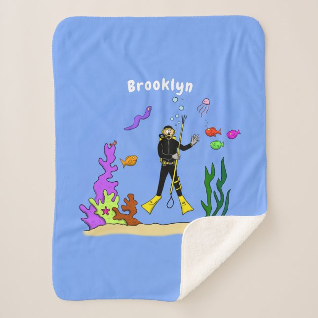 Funny scuba diver and fish sea creatures cartoon sherpa blanket (Front)
