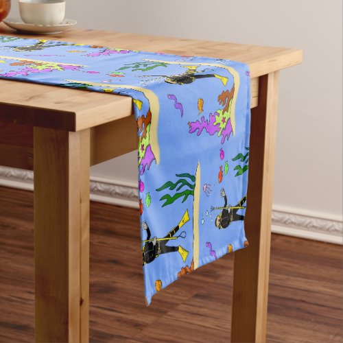 Funny scuba diver and fish sea creatures cartoon short table runner