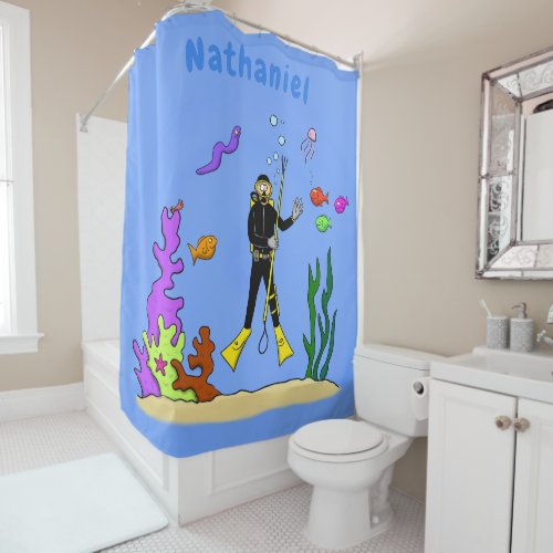 Funny scuba diver and fish sea creatures cartoon shower curtain