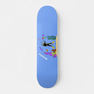 Funny scuba diver and fish sea creatures cartoon skateboard