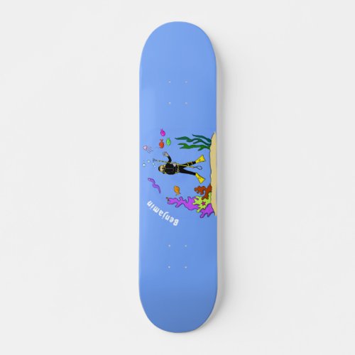 Funny scuba diver and fish sea creatures cartoon skateboard