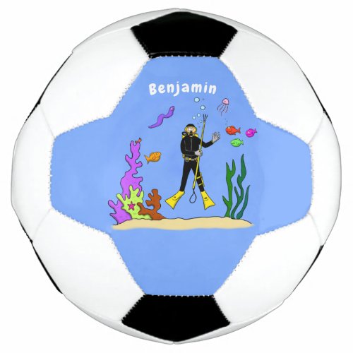 Funny scuba diver and fish sea creatures cartoon soccer ball