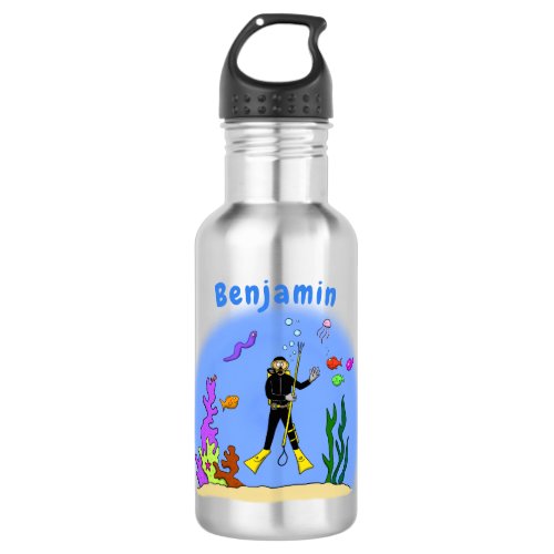 Funny scuba diver and fish sea creatures cartoon stainless steel water bottle